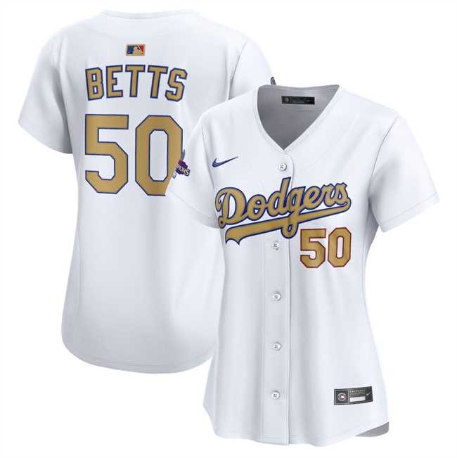 Womens Los Angeles Dodgers #50 Mookie Betts White 2025 Gold Collection Limited Stitched Jersey Dzhi